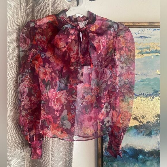 Anthropologie Purlple pink chiffon blouse with flower print size small - Picture 8 of 14